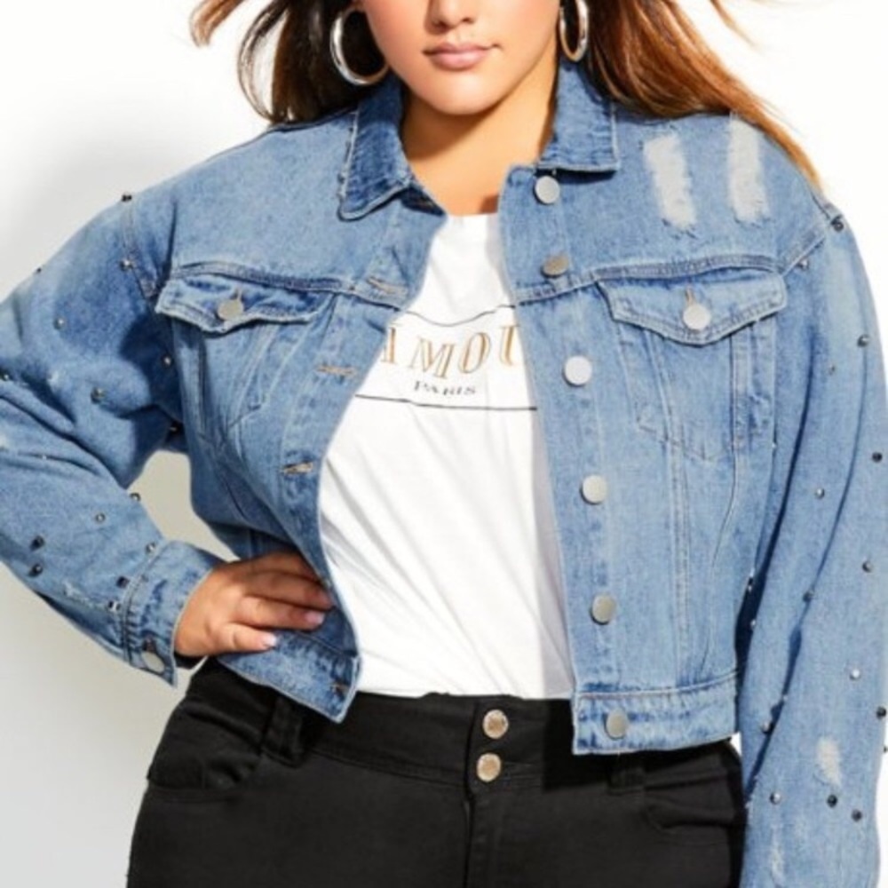 City Chic Distressed Stud Denim Jacket - Picture 2 of 8